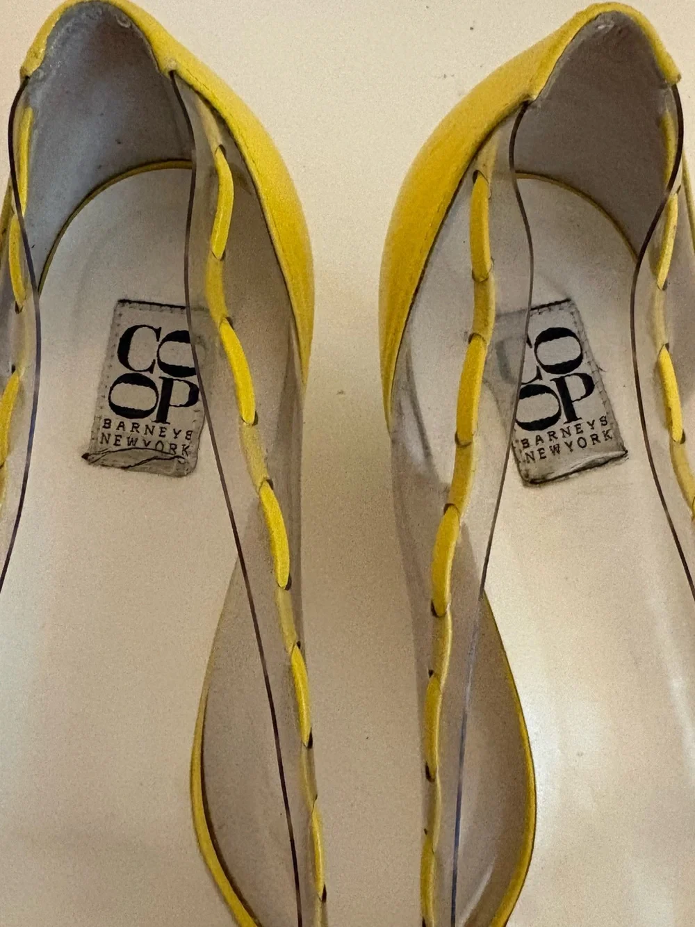 Vintage BARNEYS NEW YORK CO-OP, Yellow Leather and Clear PVC Pointy Kitten Heels